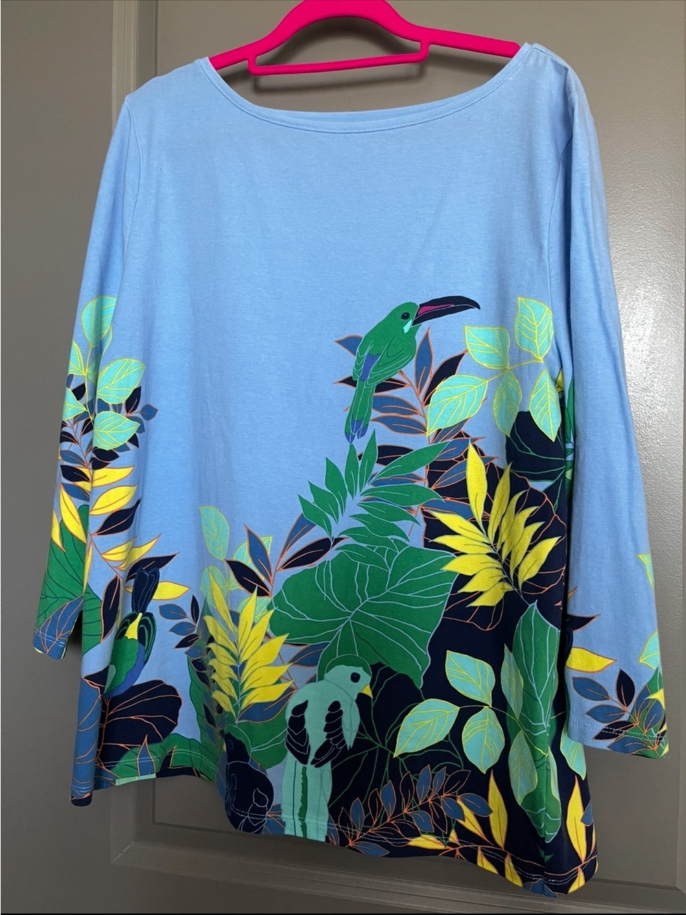 Talbots tropical parott palm leaves light blue top XL